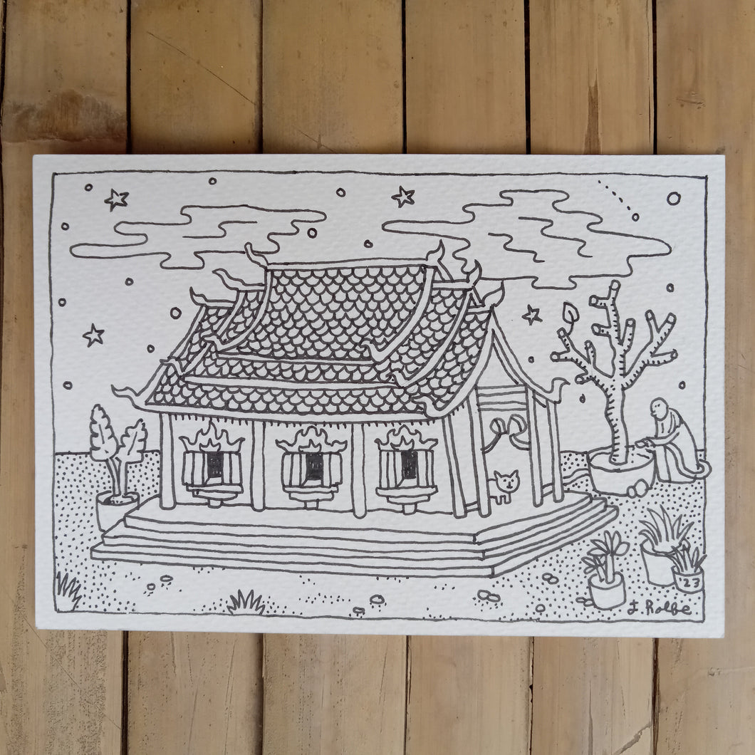 Temple with Cat - Original Drawing